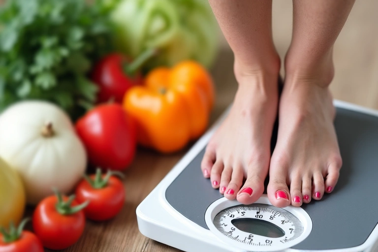 Mujer sonriendo mientras se pesa en una báscula, con frutas y verduras en el fondo, representando el control de peso.