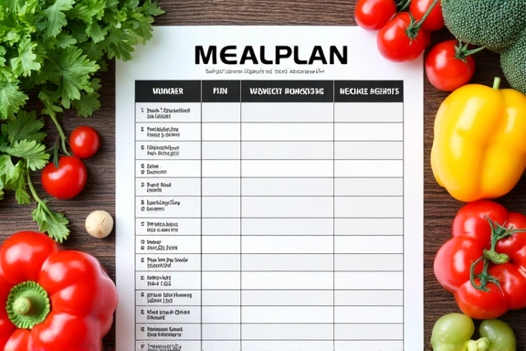 Documento de plan de comidas personalizado con ingredientes saludables alrededor.